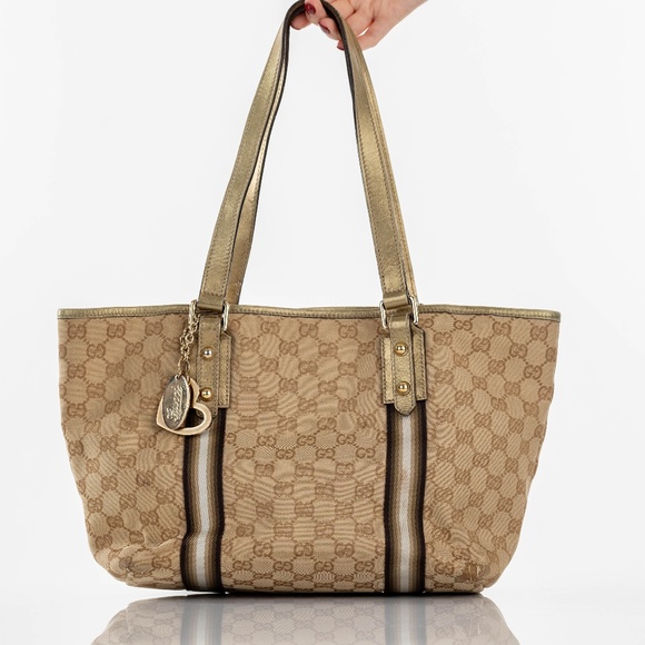 GUCCI Sherry Tote Bag Beige Gold GG Canvas Leather - Picture 2 of 10